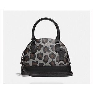 Coach Signature Leopard Print Dome Satchel Handbag Black Leather Trim